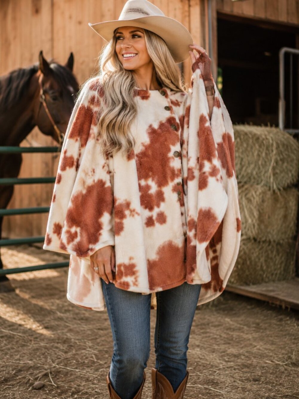 Vtg Faux Cowhide Cape Bronze Button One Size Boho Cowboy Handmade One Of Kind